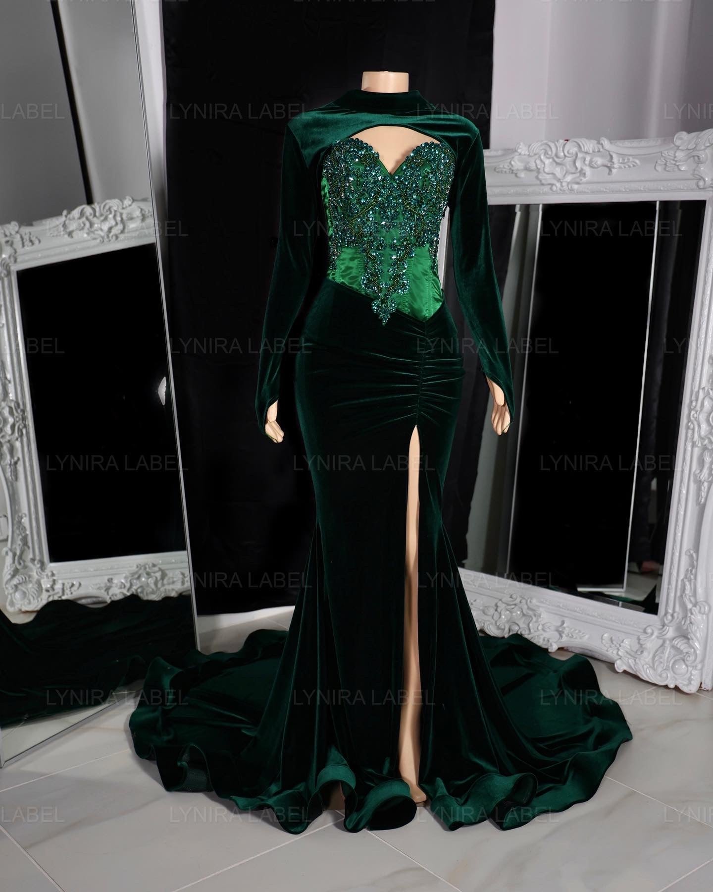 slim fit dress slacks Green Velvet Long Sleeve Split Satin Dress – Lisposa main image 0