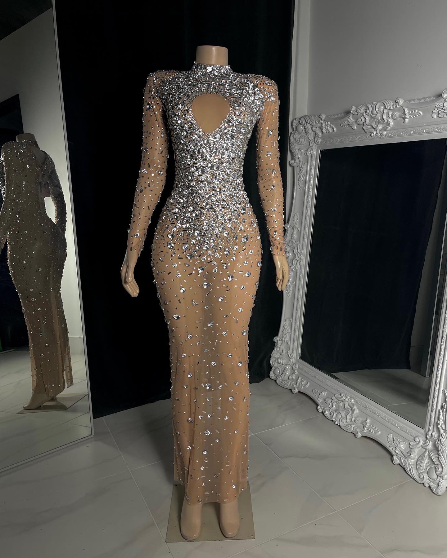 long sleeved geometric rhinestone dress Sparkly Rhinestone Long Sleeved Mesh Dress Luxury Dinner Birthday Celebrate Prom Elegant Sexy Women