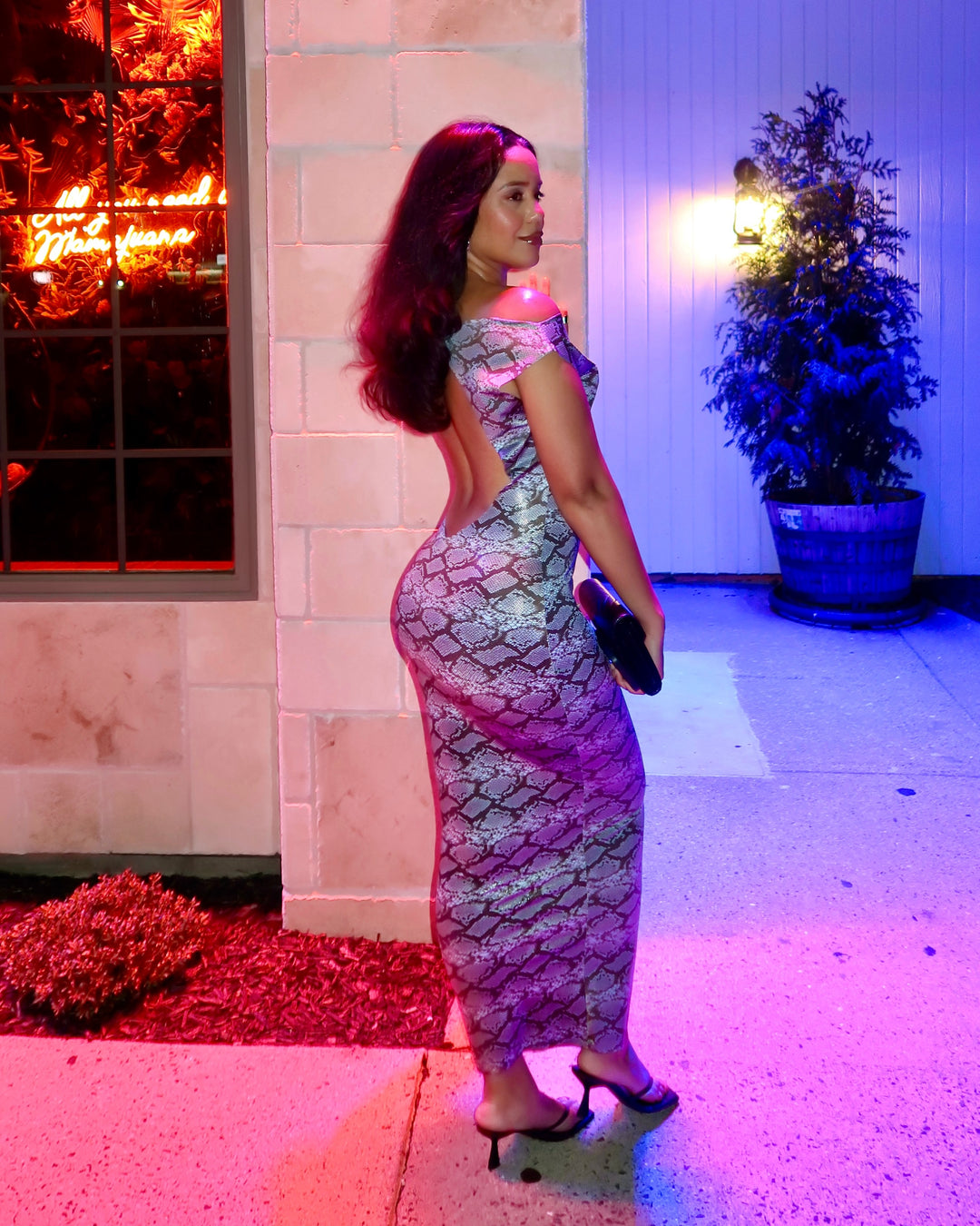 snake print pink dress Pink Snake Premium Mesh Cut Out Shoulder Bodycon Dress 6