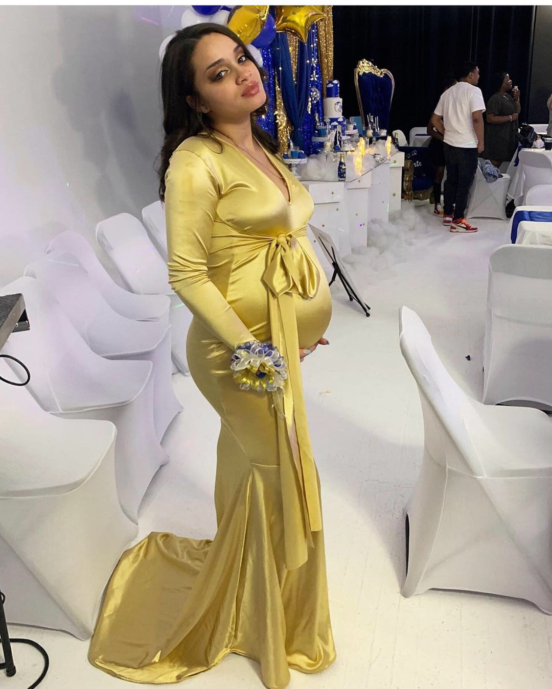 gold satin maternity dress Luxury Gold Maternity Gown, Pregnant Guest, Baby Shower, Gender Reveal Chic Bump Club