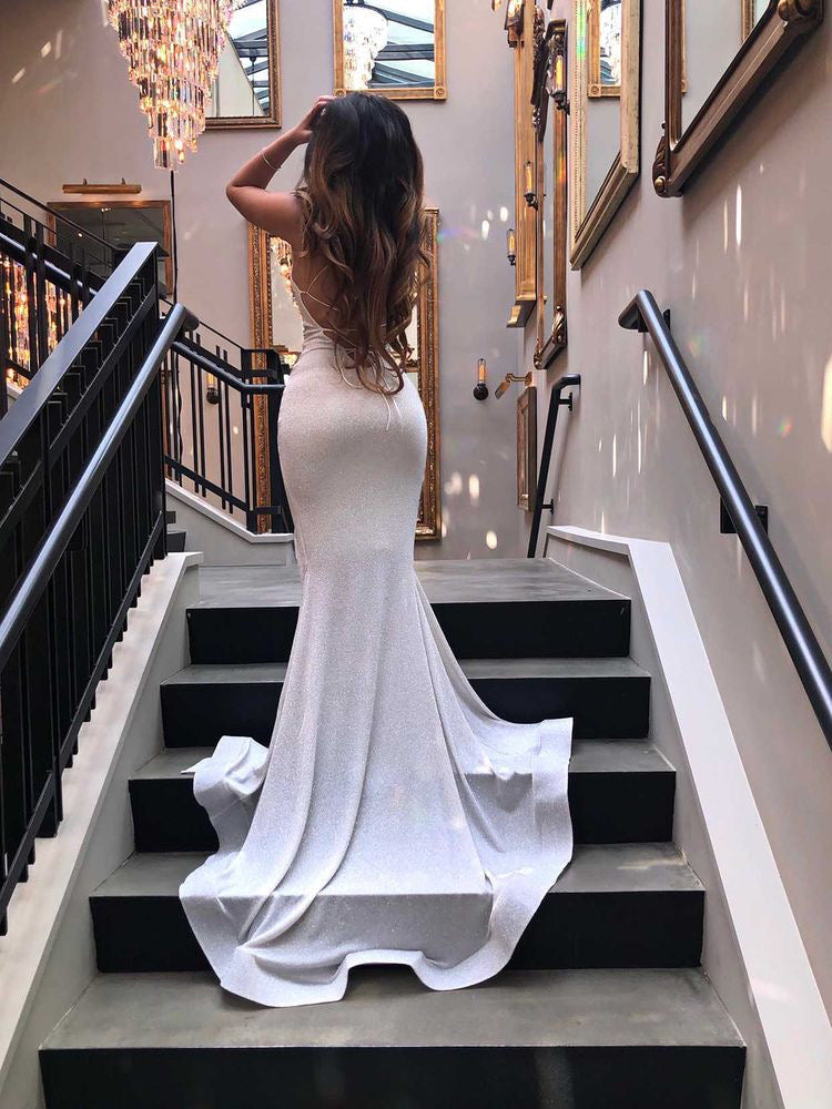 Sliver White Glitter V-neck Sheer Mermaid Prom Gown - Promfy